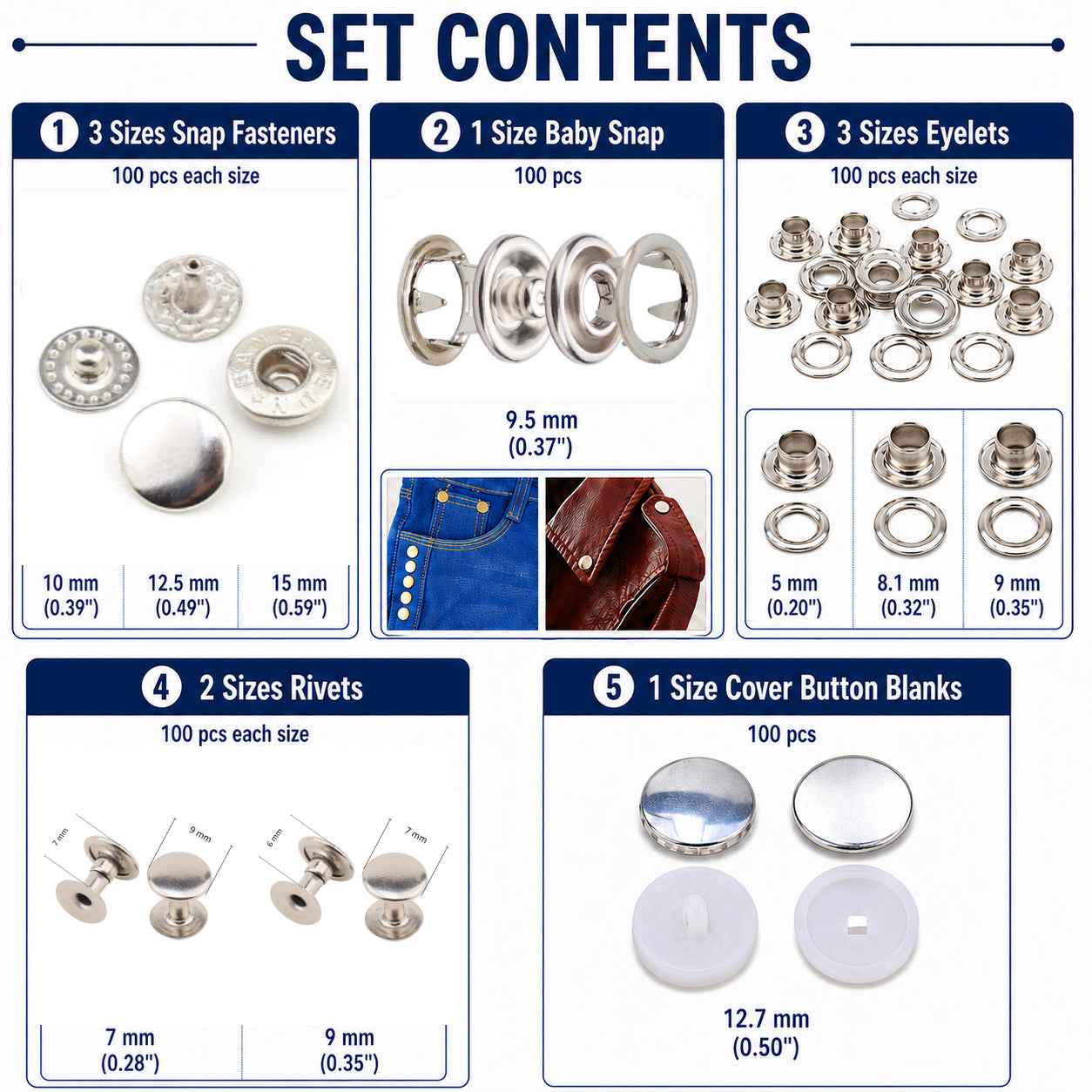 1000 pcs Metal Snap Fastener Kit, 10 Types Sewing Hardware Set with Snaps, Eyelets, Rivets and Cover Button Blanks for Fabric