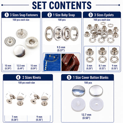 1000 pcs Metal Snap Fastener Kit, 10 Types Sewing Hardware Set with Snaps, Eyelets, Rivets and Cover Button Blanks for Fabric