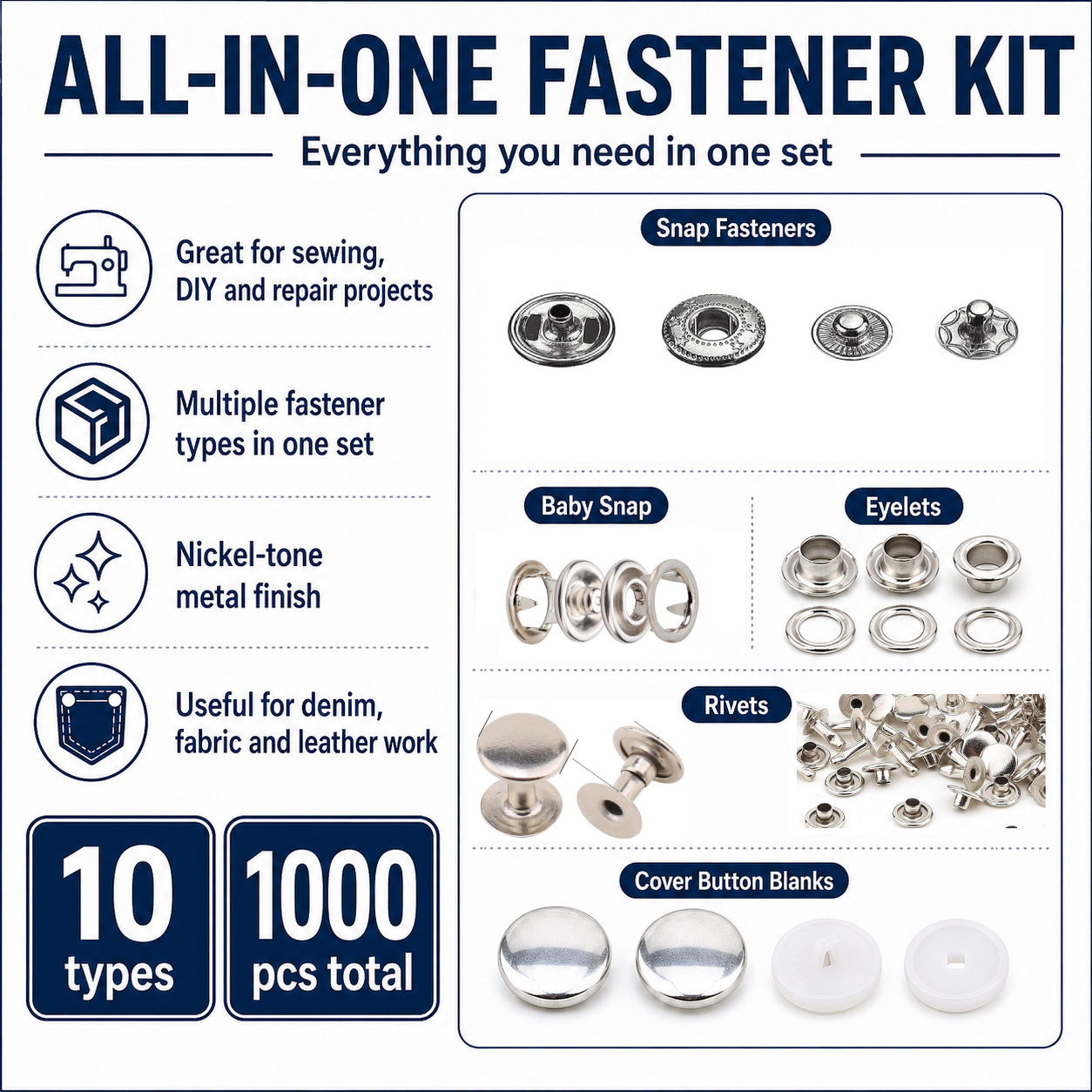 1000 pcs Metal Snap Fastener Kit, 10 Types Sewing Hardware Set with Snaps, Eyelets, Rivets and Cover Button Blanks for Fabric