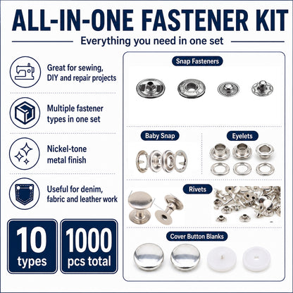 1000 pcs Metal Snap Fastener Kit, 10 Types Sewing Hardware Set with Snaps, Eyelets, Rivets and Cover Button Blanks for Fabric