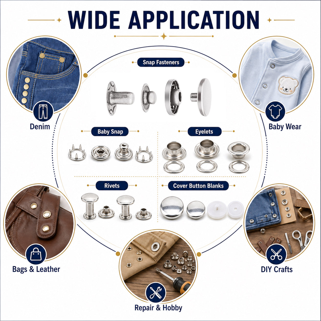 1000 pcs Metal Snap Fastener Kit, 10 Types Sewing Hardware Set with Snaps, Eyelets, Rivets and Cover Button Blanks for Fabric