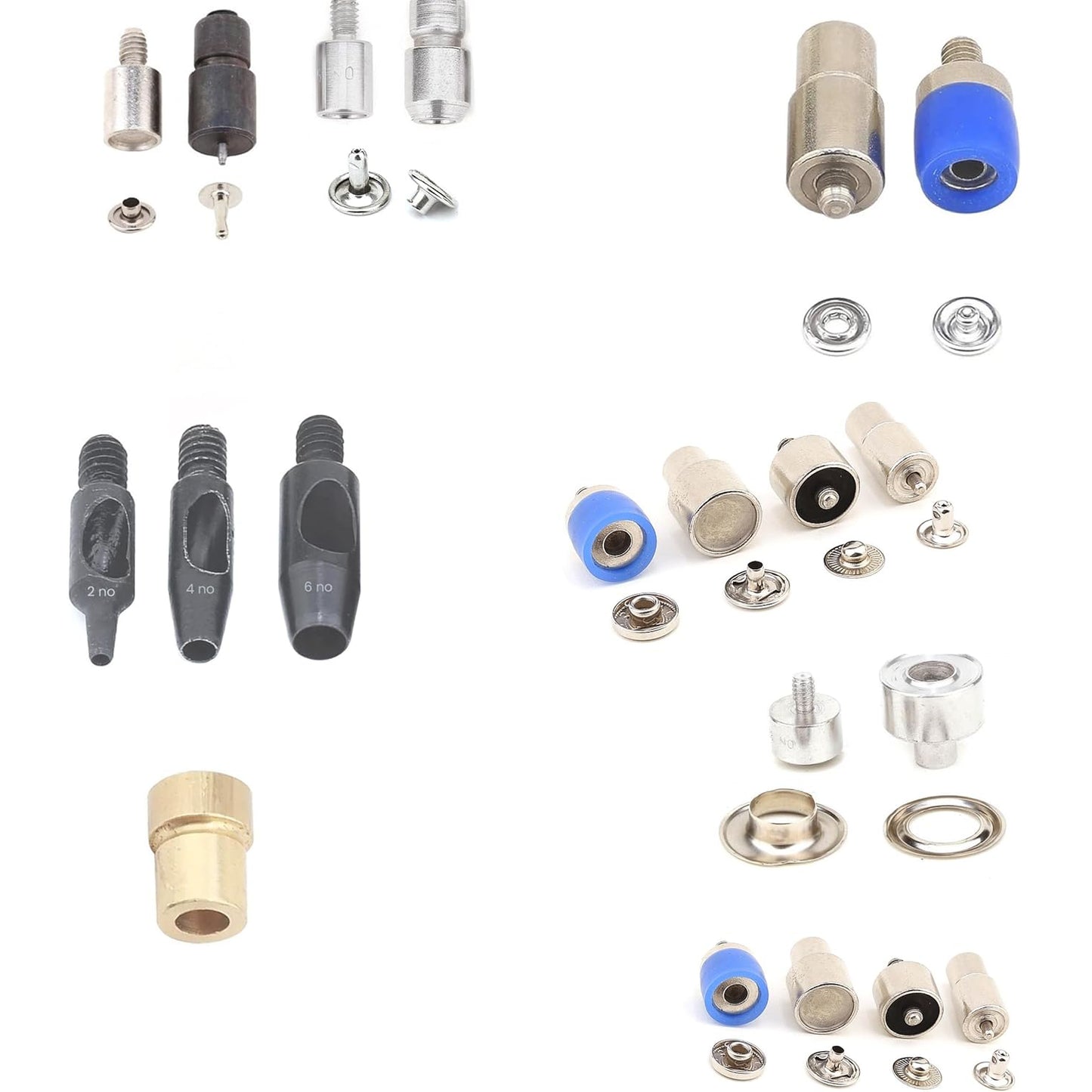 Matrizensatz für Handpresse, 9 mm Matrizen für Einzel- und Doppelkappennieten, 5 mm Matrizen für Ösenösen, 9,5 mm Matrizen für Druckknöpfe mit offenem Ringstift, 12,5 mm und 15 mm Utility-Druckknopfmatrizen mit Feder