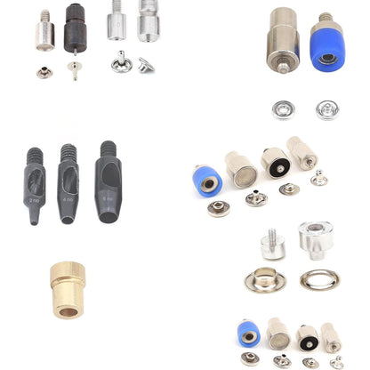 Matrizensatz für Handpresse, 9 mm Matrizen für Einzel- und Doppelkappennieten, 5 mm Matrizen für Ösenösen, 9,5 mm Matrizen für Druckknöpfe mit offenem Ringstift, 12,5 mm und 15 mm Utility-Druckknopfmatrizen mit Feder