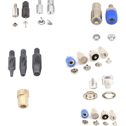 Die Set for Hand Press Machine, 9mm Single and Double Cap Rivet Dies, 5mm Eyelet Grommet Dies, 9.5mm Open Ring Prong Snap Button Dies, 12.5mm and 15mm Utility Fashion Spring Snap Button Dies