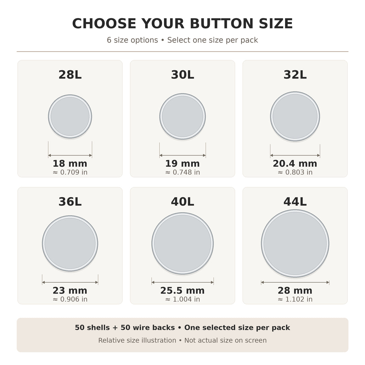 Aluminum Self Cover Button Blanks with Wire Backs 6 Size Options